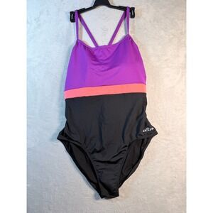 Dolfin Aquashape Colorblock X-Back One Piece Swimsuit Black Purple Size 20 New